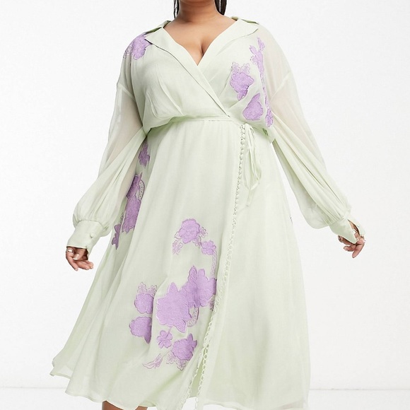 asos curve embroidered dress ASOS Edition Curve Organza Long Sleeve Embroidered Tie Back Mini Dress  Black 14